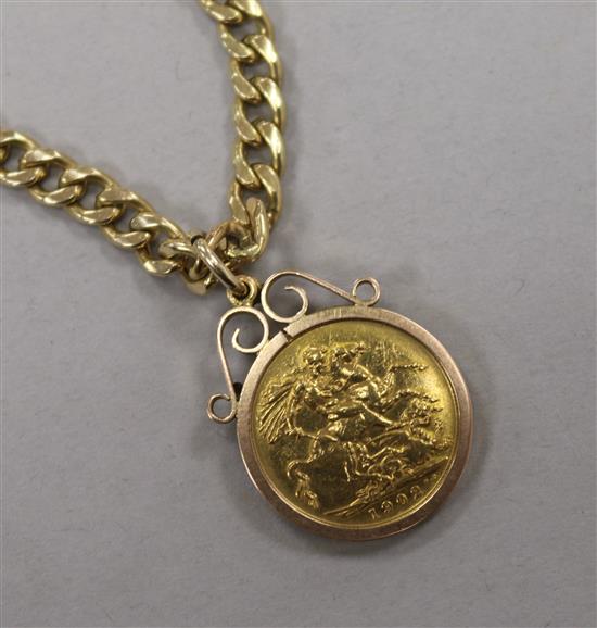 An Edward VII gold full sovereign in a 9ct gold pendant mounted, together with a 9ct gold curb link chain, necklace 48cm.